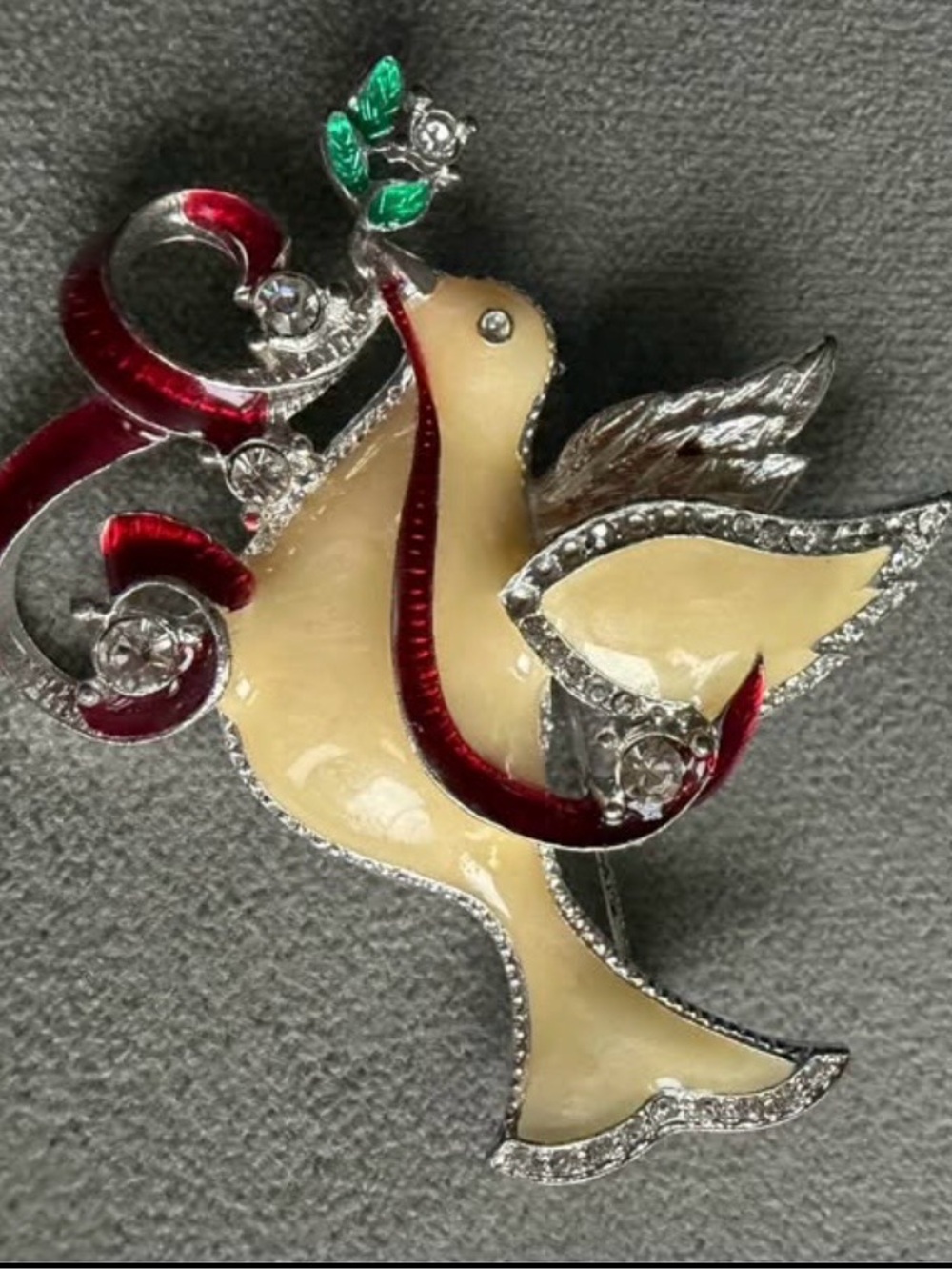 Elegant Dove Bird Brooch in Cream and Red with Green Accent